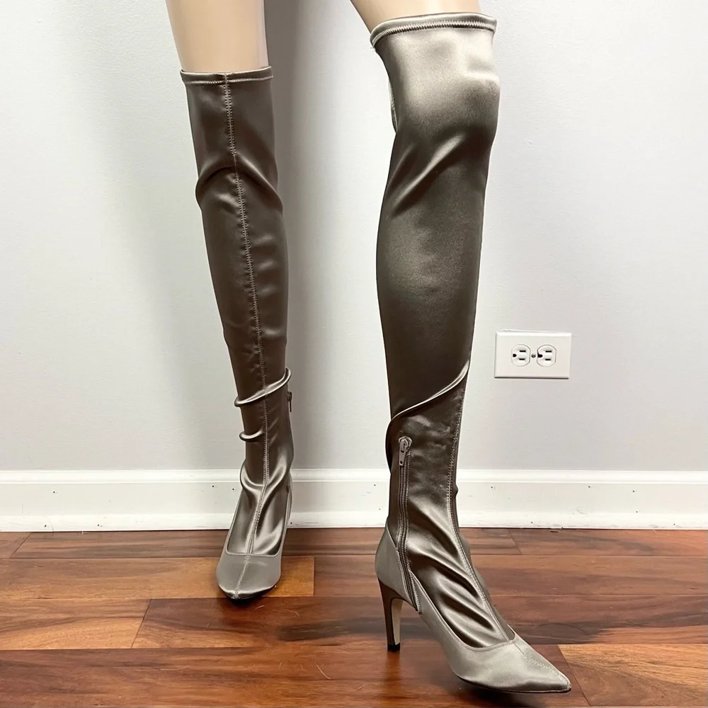 FREE PEOPLE GRAY SATIN OVER-THE-KNEE BOOTS - Picture 6 of 9
